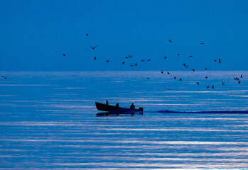 Landscape with a small boat with people on the water at dusk or dawn, with a flock of birds flying overhead