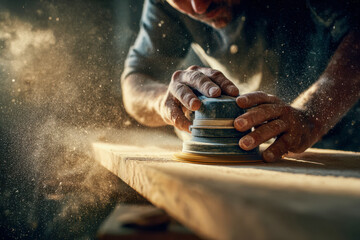 Skilled craftsman using an electric sander to smooth and prepare wooden surfaces with fine dust particles floating in warm workshop light creating a focused work atm