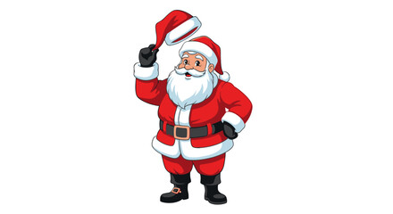 Cartoon Santa Claus wearing a red suit and hat, tipping his hat in a friendly gesture.