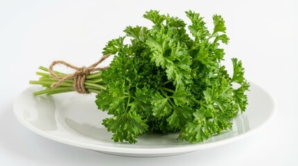 Fototapeta premium Fresh Parsley Bunch on Plate - A vibrant bunch of fresh parsley tied with twine, presented on a white plate, on a white background