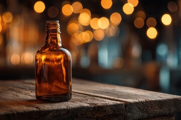 Amber Glass Bottle on Rustic Wood with Bokeh for Product