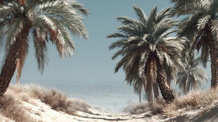 Serene Desert Landscape with Lush Palm Trees and Dusty Pathway