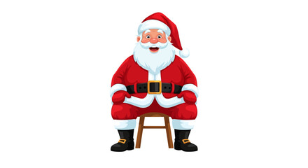 A jolly Santa Claus figure, sitting on a simple wooden stool, smiling.