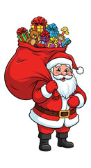 Cheerful Santa Claus carrying a large sack filled with Christmas presents and toys.