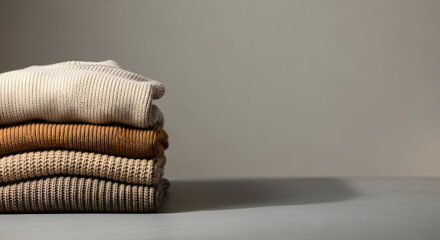 Neatly folded stack of cozy knit sweaters in neutral tones, ready for a stylish wardrobe.