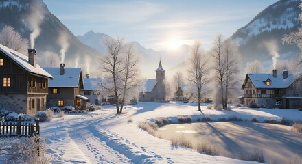 Idyllic Alpine Village in Winter Snow with Church, Mountains, and Sunrise