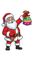 A cartoon depiction of Santa Claus holding a gift bag, smiling with joy and cheer.