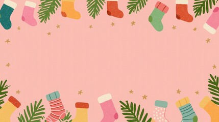 Merry Christmas: colorful sock, pine branch, star on pink background; ideal as wallpaper, poster, banner for festive holiday decor with blank space for text
