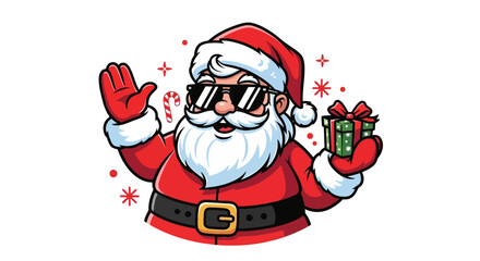A cool Santa Claus wearing sunglasses, waving, and holding a present.