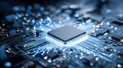 Futuristic electronic microchip with glowing blue circuit lines on a motherboard symbolizing advanced technology and digital innovation in computing systems