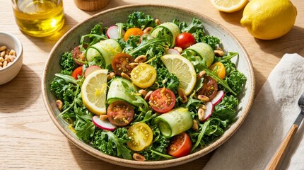 Fresh Salad With Lemon and Vegetables - A vibrant and healthy salad with kale, tomatoes, cucumber, radish, and lemon in a bowl, next to a linen napkin and utensils