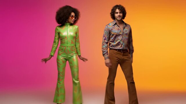 Energetic and stylish couple in vibrant 1970s outfits dancing together against a colorful pink and orange gradient background, embodying the retro disco culture and celebration mood