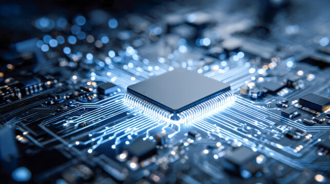 Futuristic electronic microchip with glowing blue circuit lines on a motherboard symbolizing advanced technology and digital innovation in computing systems