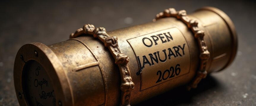 Metal time capsule sealed with Open January 2026 plate, preserving moments for the future