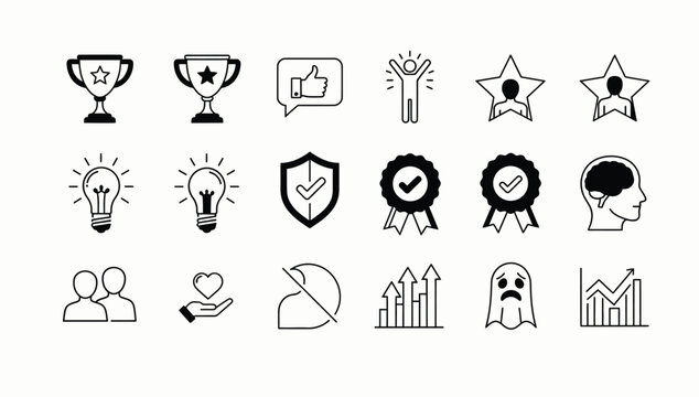 Achievement and Success Icons Set – Trophies, Awards, Ideas, Growth and Mindset Symbols