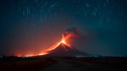 Majestic Eruption of Volcano Under Starry Night Sky in Display