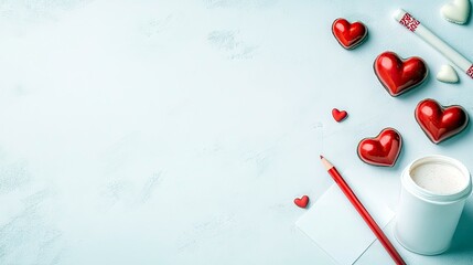 A collection of shiny red heart-shaped candies and small red heart decorations are scattered on a light blue textured surface. A red pencil lies on a white piec
