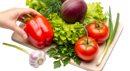 Hand selecting fresh vegetables isolated on transparent background
