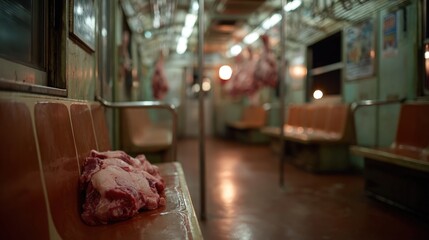Inside a vacant subway car, pieces of meat lay on the seats, presenting an unusual but striking imagery that challenges perceptions of normalcy and urban living in a creative way.