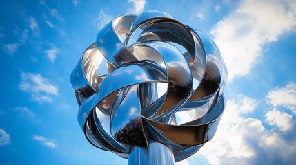 A striking closeup showcases the unique design of a vertical axis wind turbine. The metallic structure contrasts beautifully against a vibrant blue sky dotted with fluffy white clouds