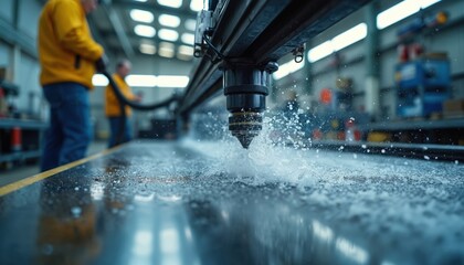 Workers use waterjet cutter in factory workshop. CNC machine cuts metal with water stream. Industrial process with modern tech. Production line in fabrication plant with equipment and men at work.
