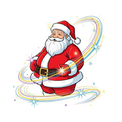 Cheerful Santa Claus figure with a white beard, smiling, and surrounded by colorful, sparkling swirls.