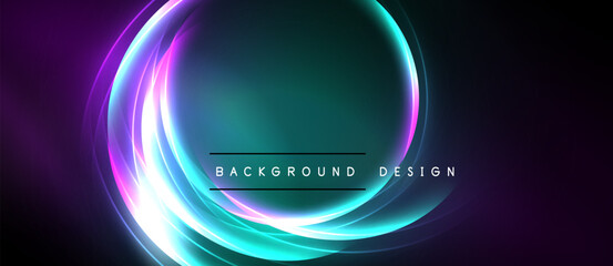 Abstract neon circles create vibrant background. Teal, purple, pink hues blend, forming dynamic visual effect. Text reads background design.