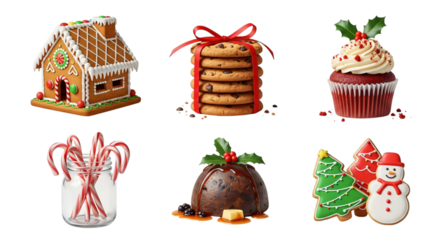 Christmas holiday treats collection gingerbread house, cookies, cupcake, candy canes, pudding, and gingerbread cookies, isolated on transparent background