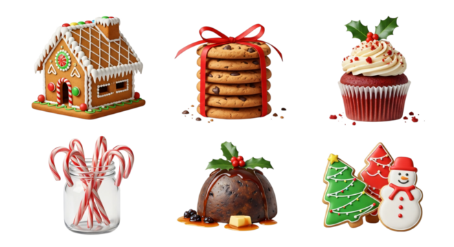Christmas holiday treats collection gingerbread house, cookies, cupcake, candy canes, pudding, and gingerbread cookies, isolated on transparent background