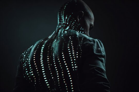Anonymous Figure with Glowing Digital Patterns on Back