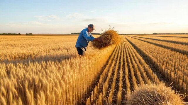 Farmer harvesting wheat in a field under sunlight
