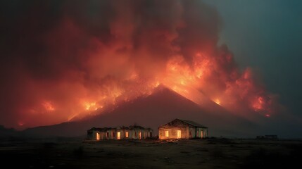 Fiery Blaze Illuminates Isolated Houses Against Dark Mountain Backdrop