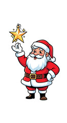 Cartoon Santa Claus in red suit holding a shining golden star ornament.