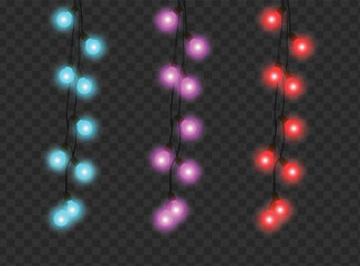 String of glowing electric light bulbs in three colors blue pink and red hanging vertically against a dark transparent background