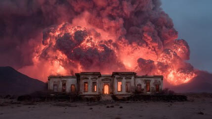 Fiery Eruption Behind Abandoned Structure at Dusk in Desert Landscape