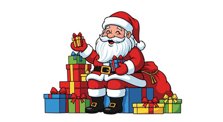 Cartoon Santa Claus with a white beard, wearing a red suit, pointing to the right.