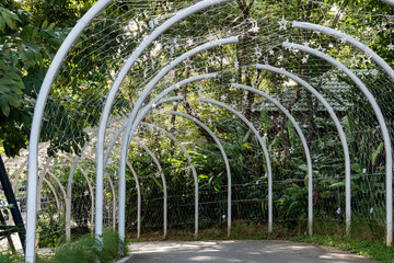 A white metal tunnel stands in a lush garden with trees on both sides, and soft daylight filters through the curved frame and hanging lights.