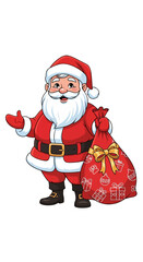 Cheerful Santa Claus with a full sack of Christmas presents, gesturing.