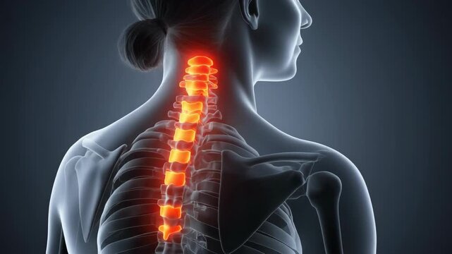 Human spine anatomy with highlighted vertebrae pain area in transparent body visualization for medical and health concept.
