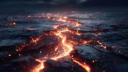 Fiery Lava Flow Cracks Across Volcanic Landscape at Night