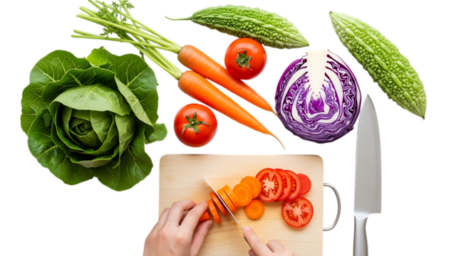 Fresh vegetables being prepared isolated on transparent background