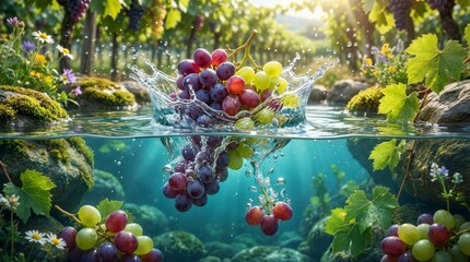 Grapes Vineyard Splashing Water 08 02 38 - Grapes falling into water, creating splash. Symbolizes freshness, vitality, abundance, nature, and refreshment in a vineyard setting