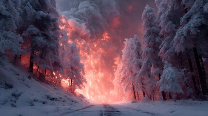 Ethereal Forest Pathway Surrounded by Fiery Atmosphere and Snow