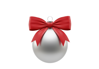 matte silver christmas bauble with a crisp red satin ribbon bow, rendered photorealistic 3d close-up on a seamless transparent studio background with copy space, elegant holiday celebration concept