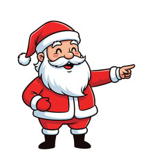 Cartoon image of Santa Claus smiling and pointing to the right, wearing his traditional red and white suit.