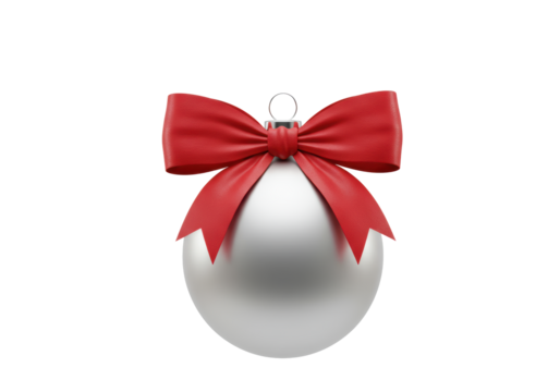 matte silver christmas bauble with a crisp red satin ribbon bow, rendered photorealistic 3d close-up on a seamless transparent studio background with copy space, elegant holiday celebration concept