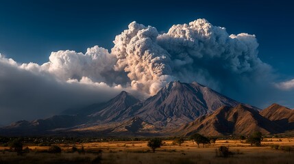 Erupting Volcano with Ash Cloud and Scenic Landscape at Sunset