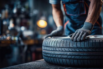 Automotive Service Technician Moving Tire for Inspection