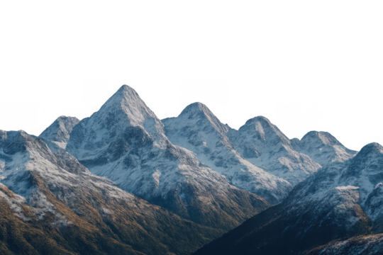 Snowcapped mountain peaks displaying winter landscape and cool season nature scene with vast alpine range, transparent background