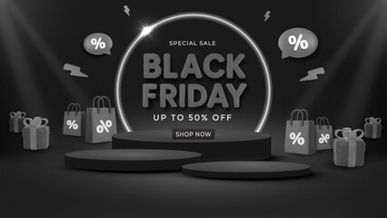 Black Friday Promotion Scene With Glowing Circle, Center Stage, And Gift Bags